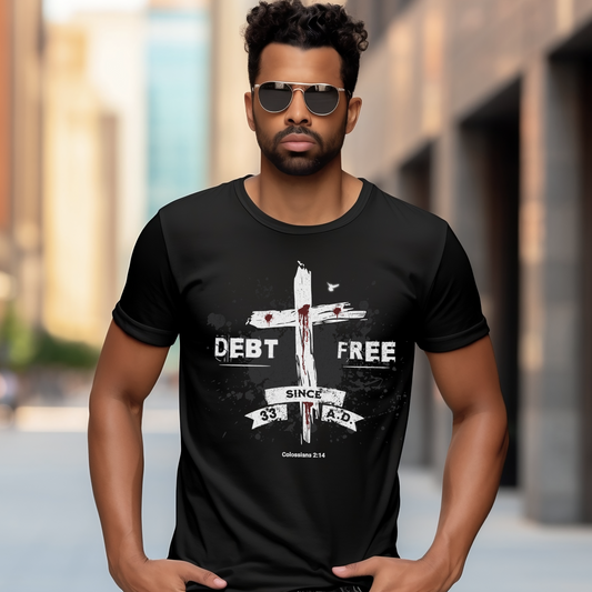 "Debt Free Since AD 33" Colossians 2:14 Bible verse reference T-shirt